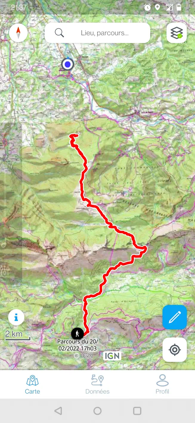 La trace du jour sur la carte, tronquée par manque de batterie